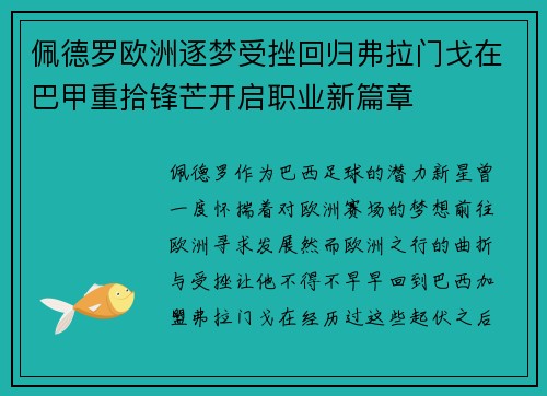 佩德罗欧洲逐梦受挫回归弗拉门戈在巴甲重拾锋芒开启职业新篇章 佩德罗欧洲逐梦受挫回归弗拉门戈在巴甲重拾锋芒开启职业新篇章