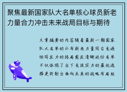 聚焦最新国家队大名单核心球员新老力量合力冲击未来战局目标与期待